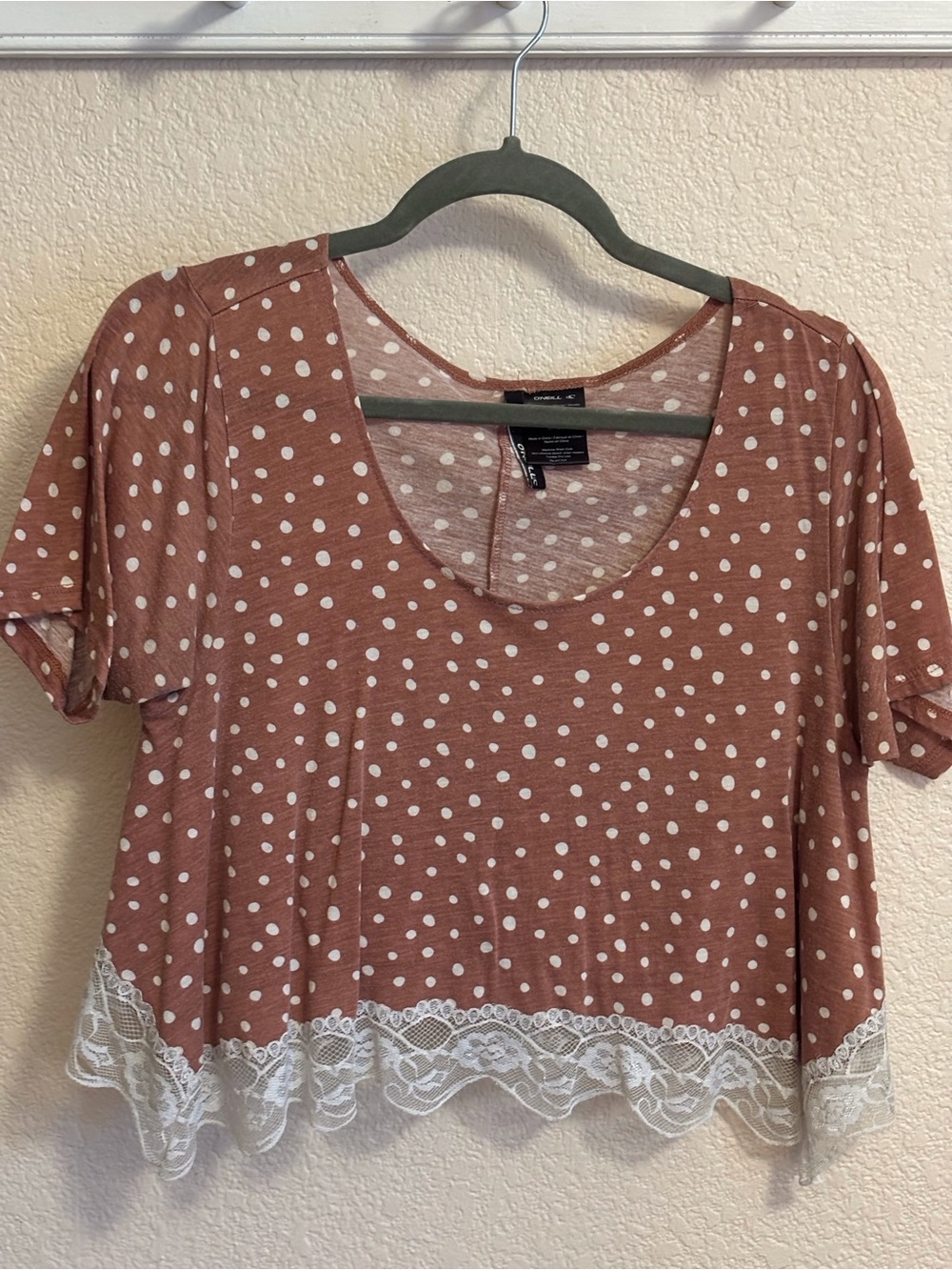 O’Neill  Polka Dot Scoop Neck Cropped Top with Lace Trim
